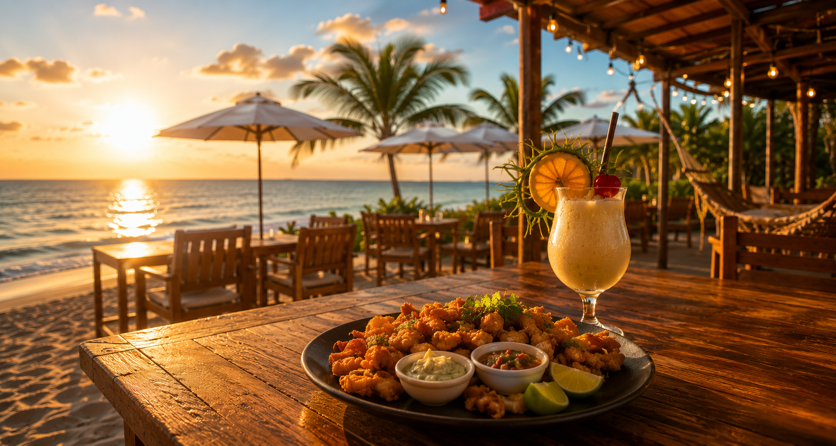 Fox Beach — pôr do sol com petiscos do mar e drink tropical